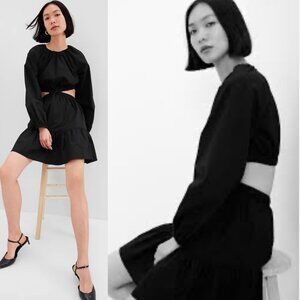 NWT Gap Criss-Cross Cutout Mini Dress True Black Cotton Tiered Cottagecore Sz S